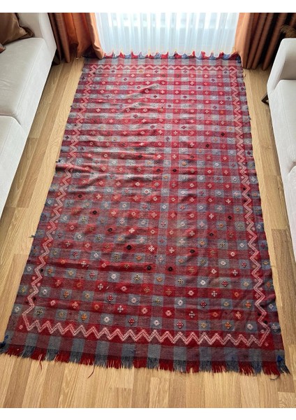160 x 280 cm Büyük Kırmızı Türk Kilimi, El Dokuma Yün Kilim, Kare Desenli Kilim, Antika Anadolu Halısı, Ev Hediyesi