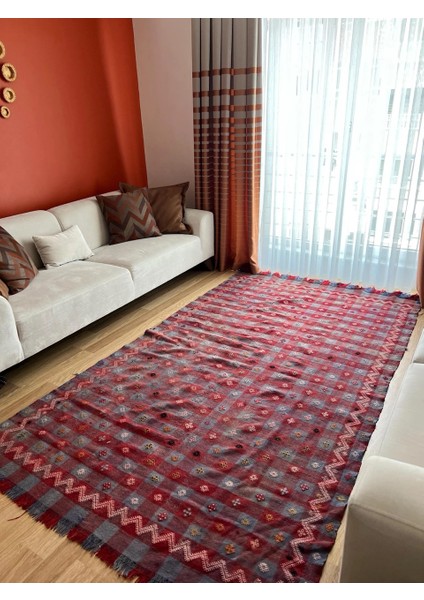 160 x 280 cm Büyük Kırmızı Türk Kilimi, El Dokuma Yün Kilim, Kare Desenli Kilim, Antika Anadolu Halısı, Ev Hediyesi fiyatları