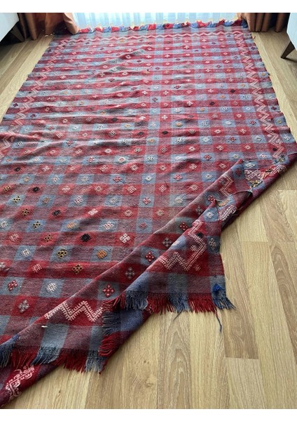 160 x 280 cm Büyük Kırmızı Türk Kilimi, El Dokuma Yün Kilim, Kare Desenli Kilim, Antika Anadolu Halısı, Ev Hediyesi modelleri