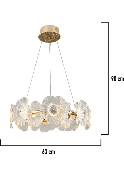 60W Gold Çiçek Desenli Kristal Taşlı Modern Salon LED Sarkıt Avize