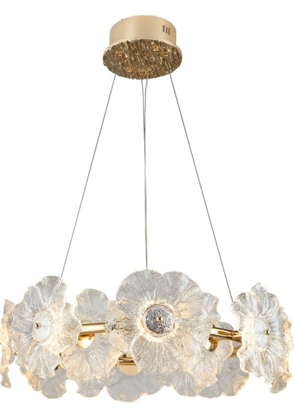 60W Gold Çiçek Desenli Kristal Taşlı Modern Salon LED Sarkıt Avize