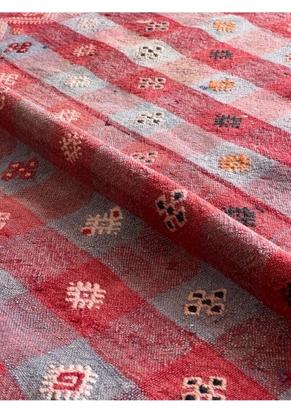 160 x 280 cm Büyük Kırmızı Türk Kilimi, El Dokuma Yün Kilim, Kare Desenli Kilim, Antika Anadolu Halısı, Ev Hediyesi indirimleri