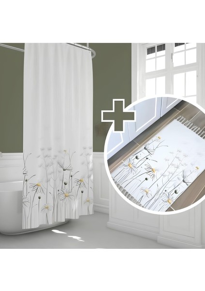 Banyo Paspas ve Tek Kanat Duş Perdesi 1 x 180 x 200 Set Banyo Halısı 8441