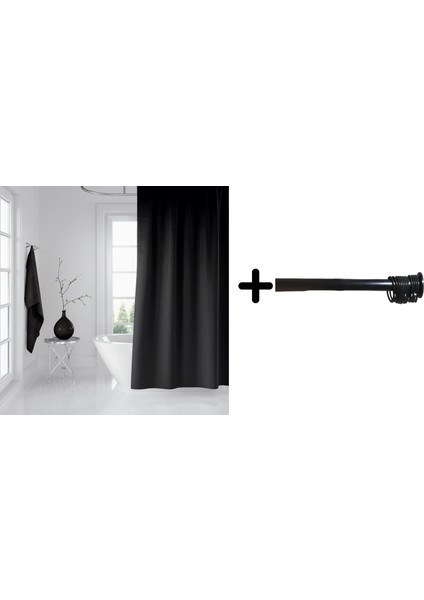 Banyo Duş Perdesi Siyah 120X200 Perde Borusu Askı Aparatı 90X130 Hediyeli Siyah