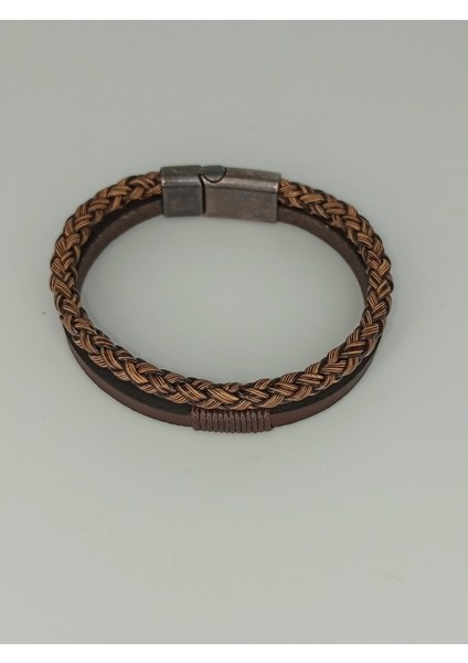 Dezury Kahverengi Taba Deri Bileklik Örgülü Düz Siyah Klips Erkek Large