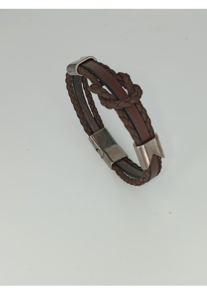 Dezury Kahverengi Deri Bileklik Bağlılık Düğümlü Örgülü Nikel Klips Erkek Large