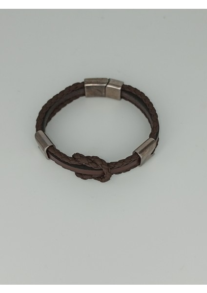 Dezury Kahverengi Deri Bileklik Bağlılık Düğümlü Örgülü Nikel Klips Erkek Large fiyatları