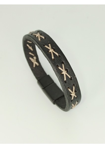 Dezury Siyah Deri Bileklik Bej Dikişli Siyah Klips Erkek Large