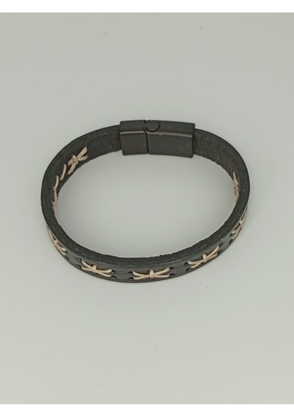 Dezury Siyah Deri Bileklik Bej Dikişli Siyah Klips Erkek Large fiyatları