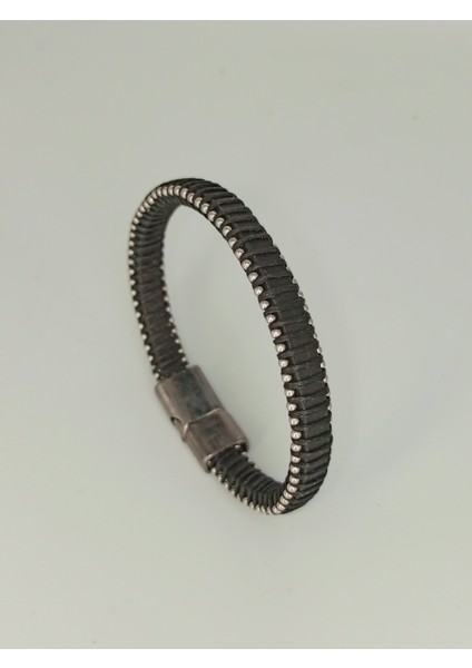 Dezury Siyah Deri Bileklik Düz Ip Sarma Nikel Klips Erkek Large