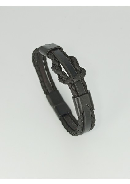 Dezury Siyah Deri Bileklik Bağlılık Düğümlü Örgülü Siyah Klips Erkek Large