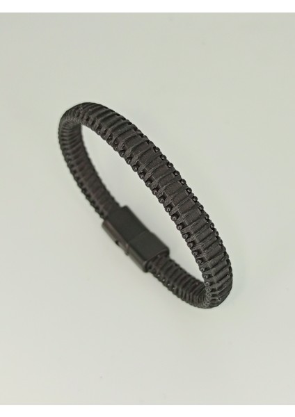 Dezury Siyah Deri Bileklik Düz Ip Sarma Nikel Klips Erkek Large