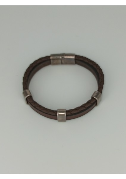 Dezury Kahverengi Deri Bileklik Örgülü Düz Nikel Klips Erkek Large fiyatları