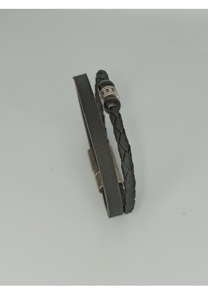 Dezury Siyah Deri Bileklik Örgülü Düz Nikel Klips Erkek Large