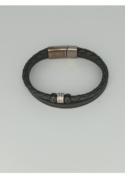 Dezury Siyah Deri Bileklik Örgülü Düz Nikel Klips Erkek Large fiyatları
