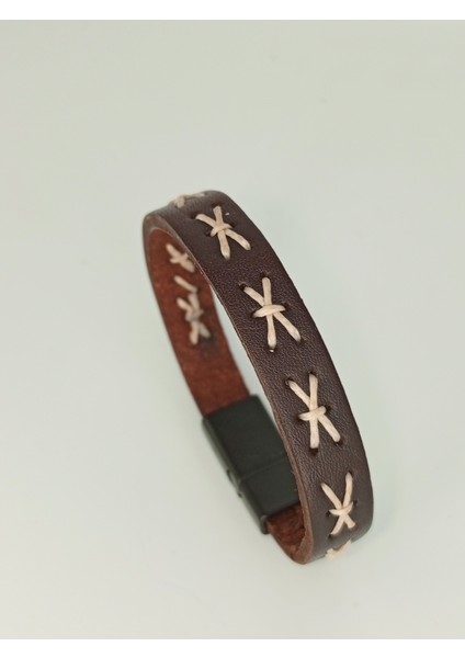 Dezury Kahverengi Deri Bileklik Bej Dikişli Siyah Klips Erkek Large