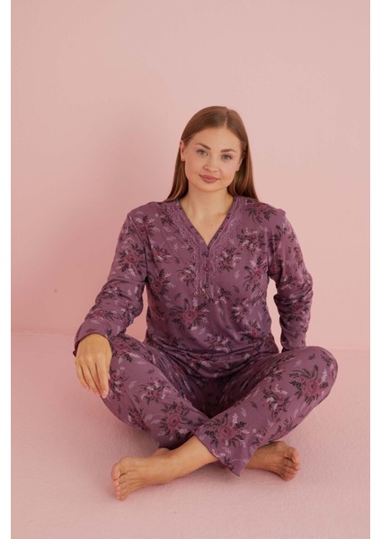 Kadın Büyük Beden Desenli Yakası Düğmeli Uzun Kollu Bambu Pijama Takımı