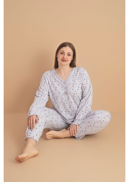 Kadın Büyük Beden Desenli Yakası Düğmeli Uzun Kollu Bambu Pijama Takımı