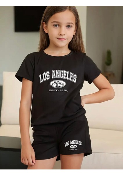 Özel Üretim Los Angeles Baskılı Yeni Stil Kız Çocuk T-Shırt Şort Takım