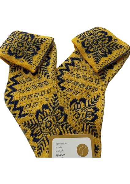 Çorap patik kışlık yünlü orlon karışım akrilik motifli sarı siyah standart beden yetişkin unisex ÇP4-2