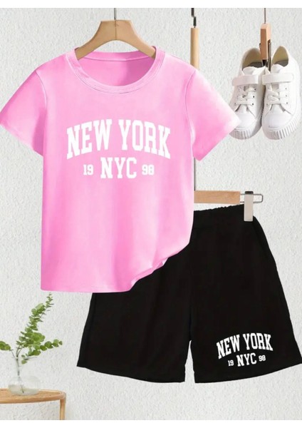 Punıx Kıds Özel Üretim New York Baskılı Yeni Stil Kız Çocuk T-Shırt Şort Takım