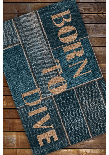 Jean Görünümlü Patchwork Desenli Scuba Sloganlı Dokuma Kaymaz Tabanlı Dalış Temalı Halı