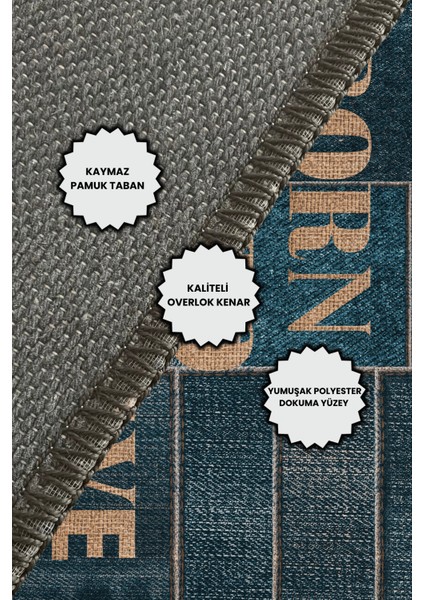 Jean Görünümlü Patchwork Desenli Scuba Sloganlı Dokuma Kaymaz Tabanlı Dalış Temalı Halı