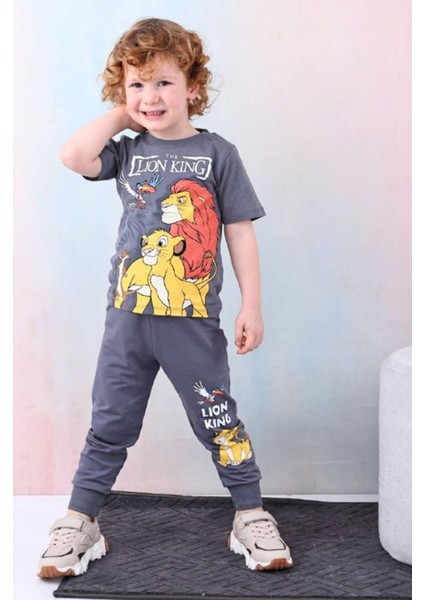 Pjkke Lion King Desenli Füme Eşofmanlı Erkek Çocuk Kısa Kol Takım 3-10 Yaş 7464-F