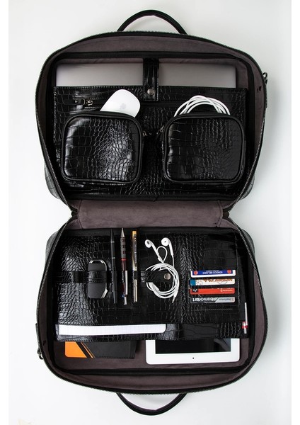 Macbook Organizer Laptop Evrak Çantası 15.6" & 16" Inç Siyah Kroko