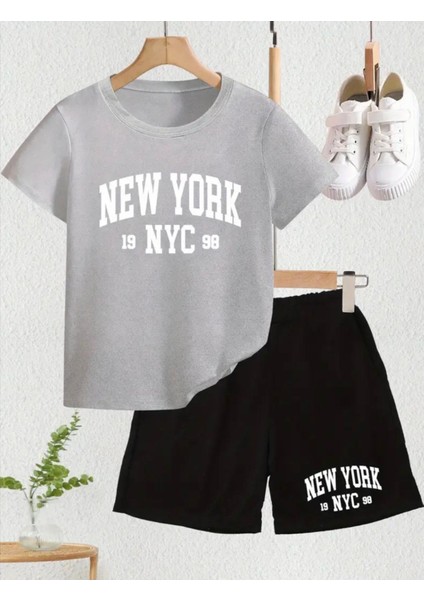 Özel Üretim New York Baskılı Yeni Stil Kız Çocuk T-Shırt Şort Takım