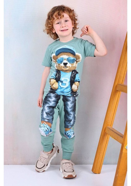 Pjkke Ayıcık Desenli Yeşil Eşofmanlı Erkek Çocuk Kısa Kol Takım 3-10 Yaş 7491-Y