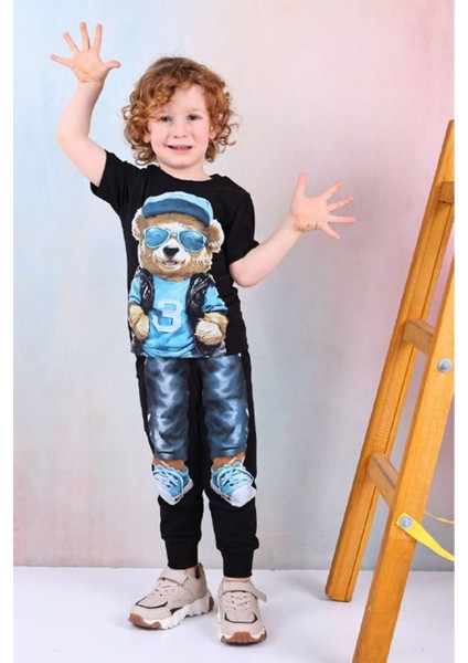 Pjkke Ayıcık Desenli Siyah Eşofmanlı Erkek Çocuk Kısa Kol Takım 3-10 Yaş 7491-S