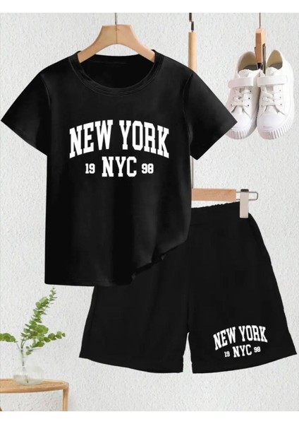 Punıx Kıds Özel Üretim New York Baskılı Yeni Stil Kız Çocuk T-Shırt Şort Takım