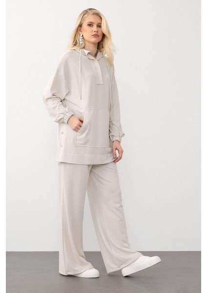 Kapüşonlu Premium Kumaş Sweat Pantolon Takım Krem 7079-TK