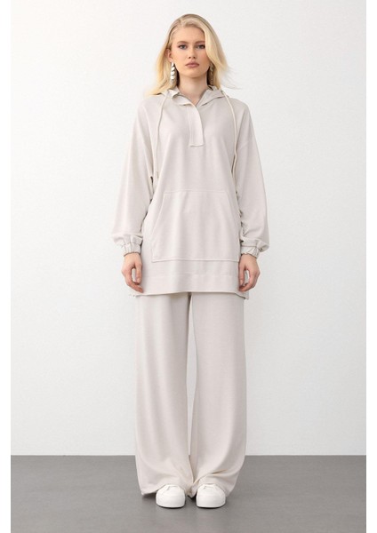 Kapüşonlu Premium Kumaş Sweat Pantolon Takım Krem 7079-TK