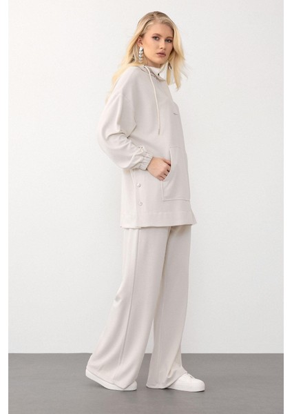 Kapüşonlu Premium Kumaş Sweat Pantolon Takım Krem 7079-TK