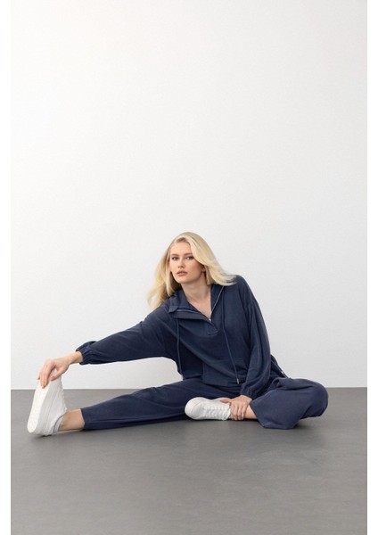 Kapüşonlu Premium Kumaş Sweat Pantolon Takım Indigo 7079-TK