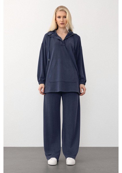 Kapüşonlu Premium Kumaş Sweat Pantolon Takım Indigo 7079-TK