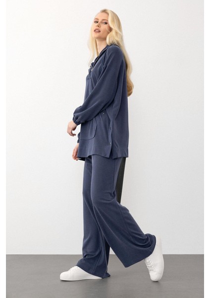 Kapüşonlu Premium Kumaş Sweat Pantolon Takım Indigo 7079-TK