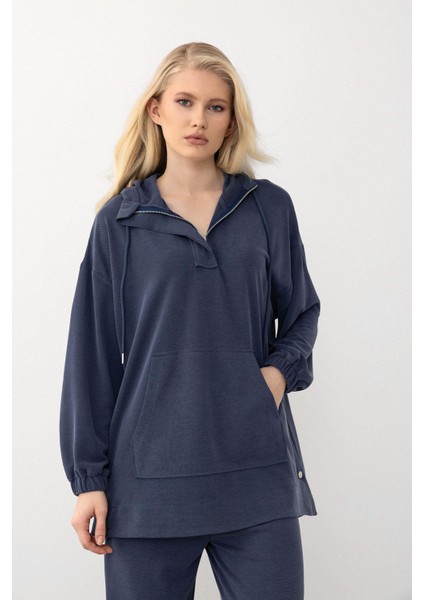 Kapüşonlu Premium Kumaş Sweat Pantolon Takım Indigo 7079-TK