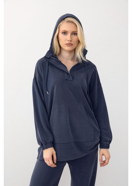Kapüşonlu Premium Kumaş Sweat Pantolon Takım Indigo 7079-TK