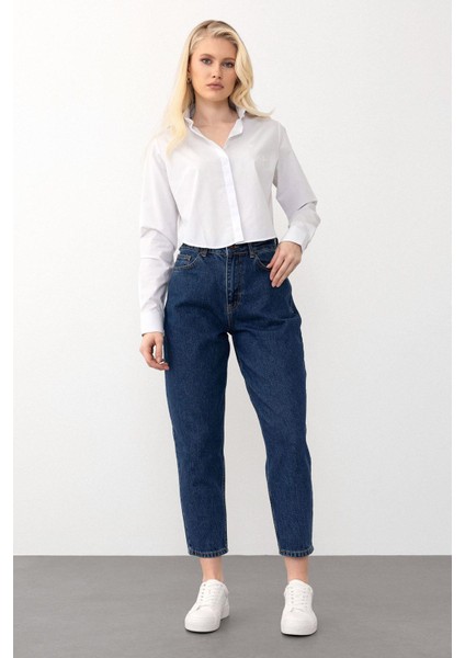 Yüksek Bel Carrot Fit Jean Pantolon Koyu Mavi 7573