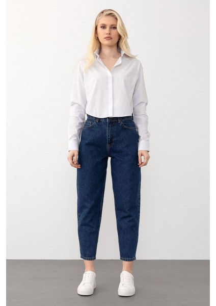 Yüksek Bel Carrot Fit Jean Pantolon Koyu Mavi 7573
