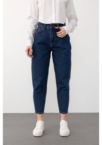 Yüksek Bel Carrot Fit Jean Pantolon Koyu Mavi 7573
