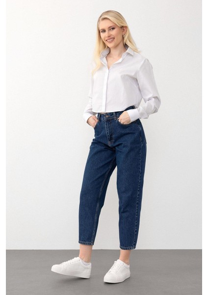 Yüksek Bel Carrot Fit Jean Pantolon Koyu Mavi 7573