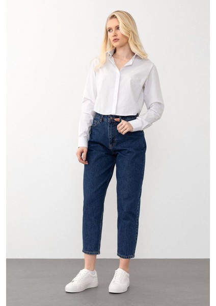 Yüksek Bel Carrot Fit Jean Pantolon Koyu Mavi 7573