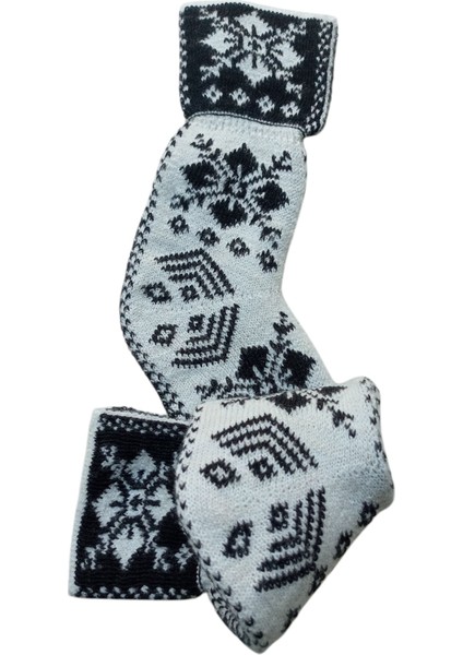 Çorap patik kışlık yünlü orlon akrilik karışım motifli desenli beyaz/siyah standart beden yetişkin unisex ÇP2-2