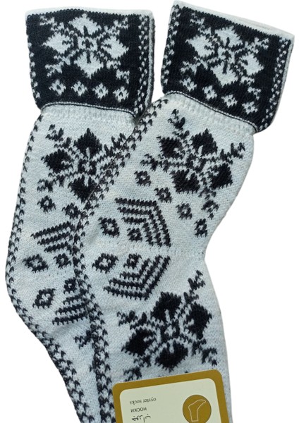 Çorap patik kışlık yünlü orlon akrilik karışım motifli desenli beyaz/siyah standart beden yetişkin unisex ÇP2-2