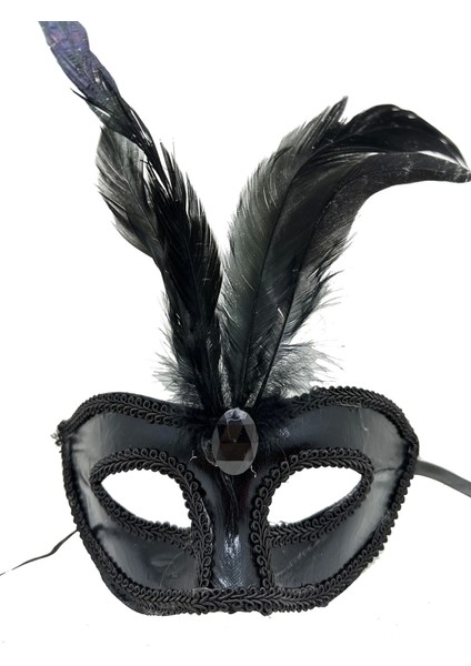 Siyah Renk Rugan Kaplama Kırmızı Tüylü Parti Maskesi 18X20 cm fiyatları