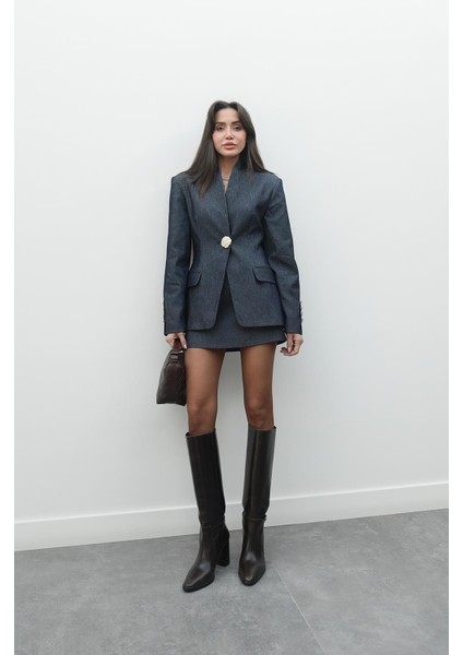 Koyu Mavi Forman Etek Ceket Denim Takım